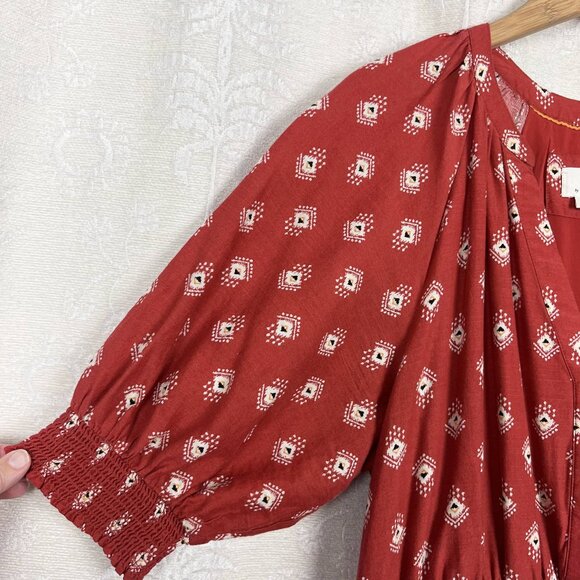 Anthropologie Felipa tiered midi dress red geometric print prairie cottagecore L - Picture 4 of 10